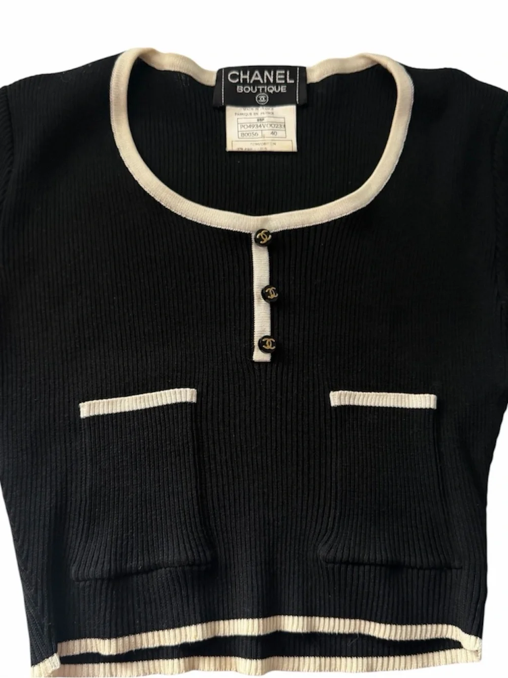 CHANEL 95P Black Cream CC Button Crop Top FR40 Spring 1995
